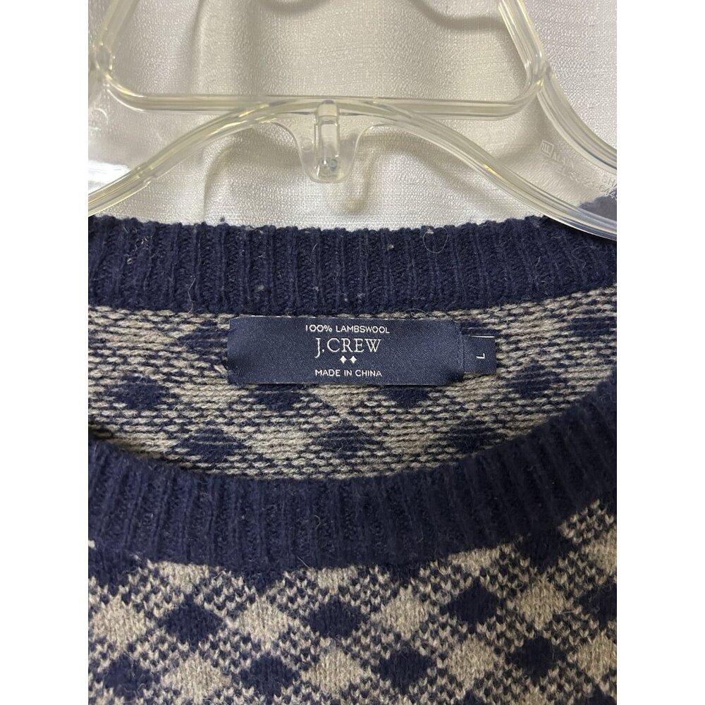 J.Crew Crewneck Sweater Men’s Blue Tan 100% Lambs Wool Check Preppy Large - Picture 4 of 6